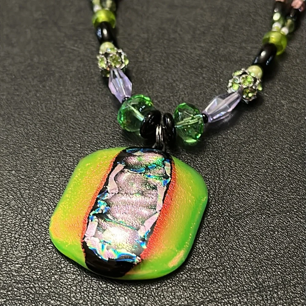 Dichroic Glass Pendant & Glass Beads Shepherd Hook Necklace